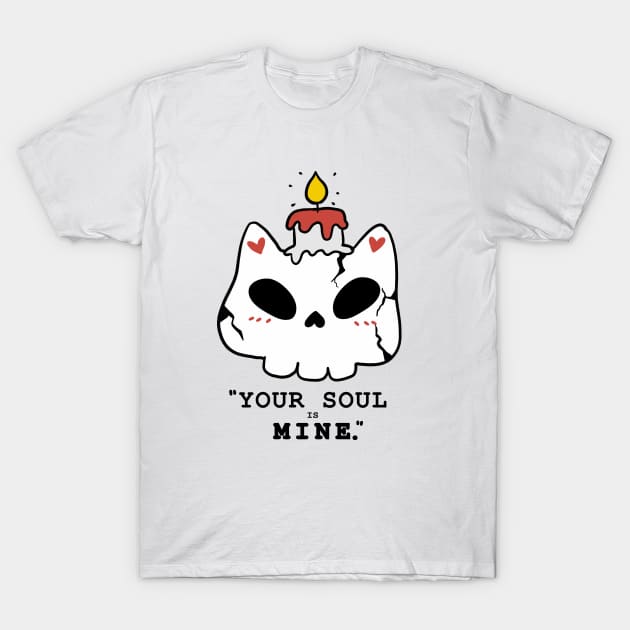 cute skull cat with candle black and white doodle Halloween your soul is mine T-Shirt by Janatshie